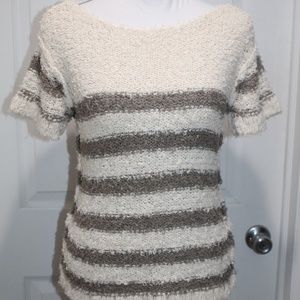 Tory Burch Short Sleeve Sweater Striped Cream Tan Cotton Polyamide Loose Knit XS